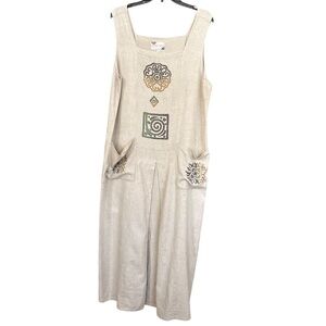 Earth Song Natural Linen Blend Stenciled Sleeveless Pockets Lagenlook Dress Sz L
